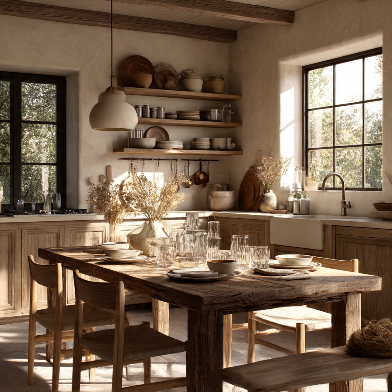 a beautifully styled cottage core kitchen blending