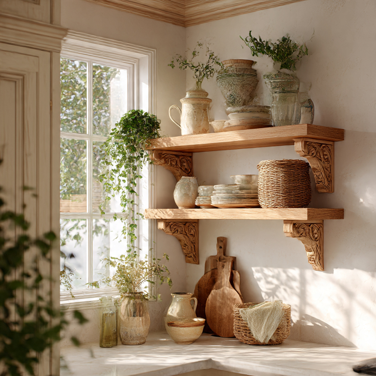 a beautifully styled cottage core kitchen with