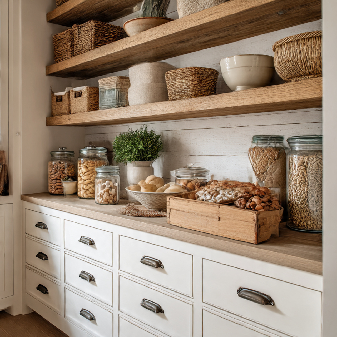 28 Charming Farmhouse Kitchen Pantry Ideas You Need 13 a beautifully styled farmhouse pantry featuring white