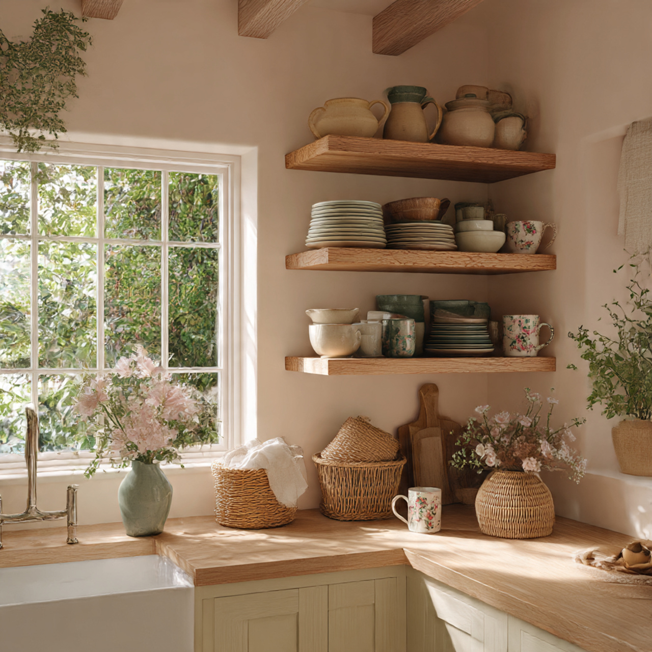 a bright airy cottage core kitchen with 1