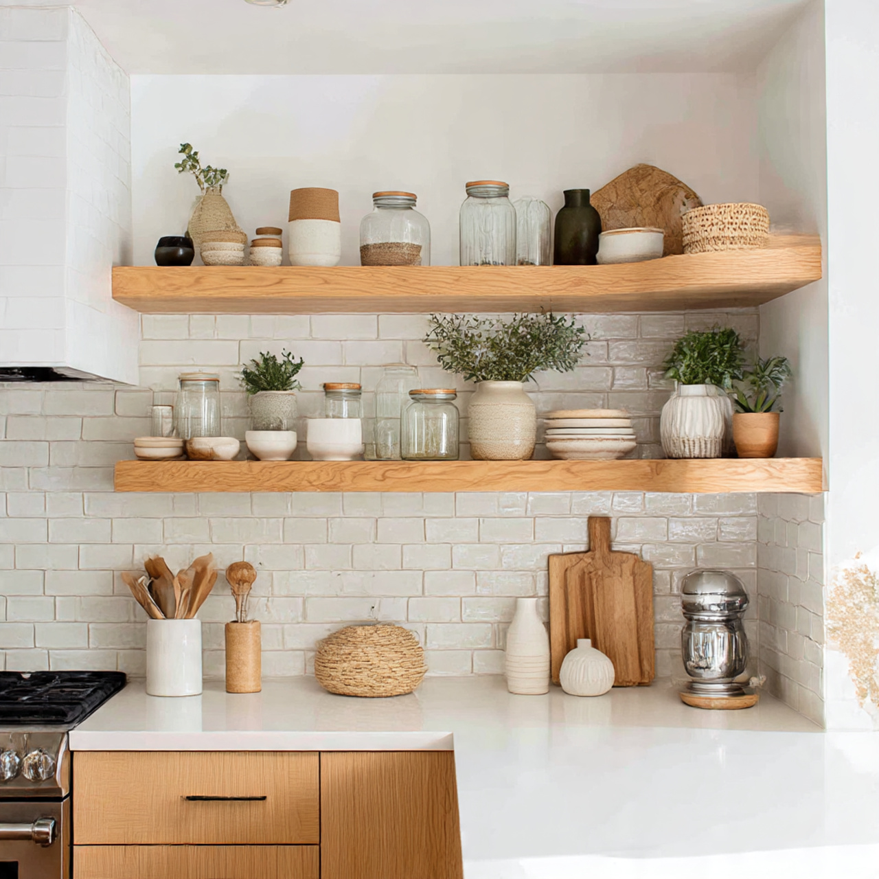 a bright airy kitchen with open wooden