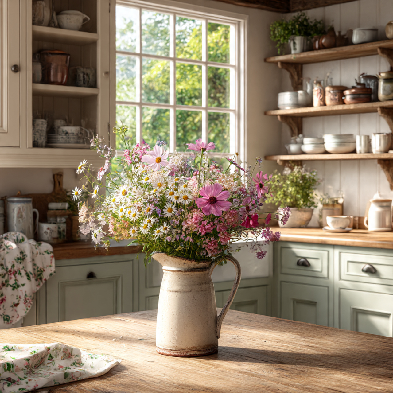 a bright cottage core kitchen with a