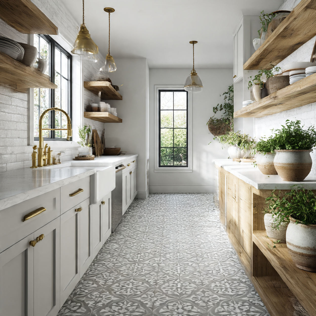 Best Farmhouse Kitchen Flooring Ideas 2025 12 a bright farmhouse kitchen with patterned cement