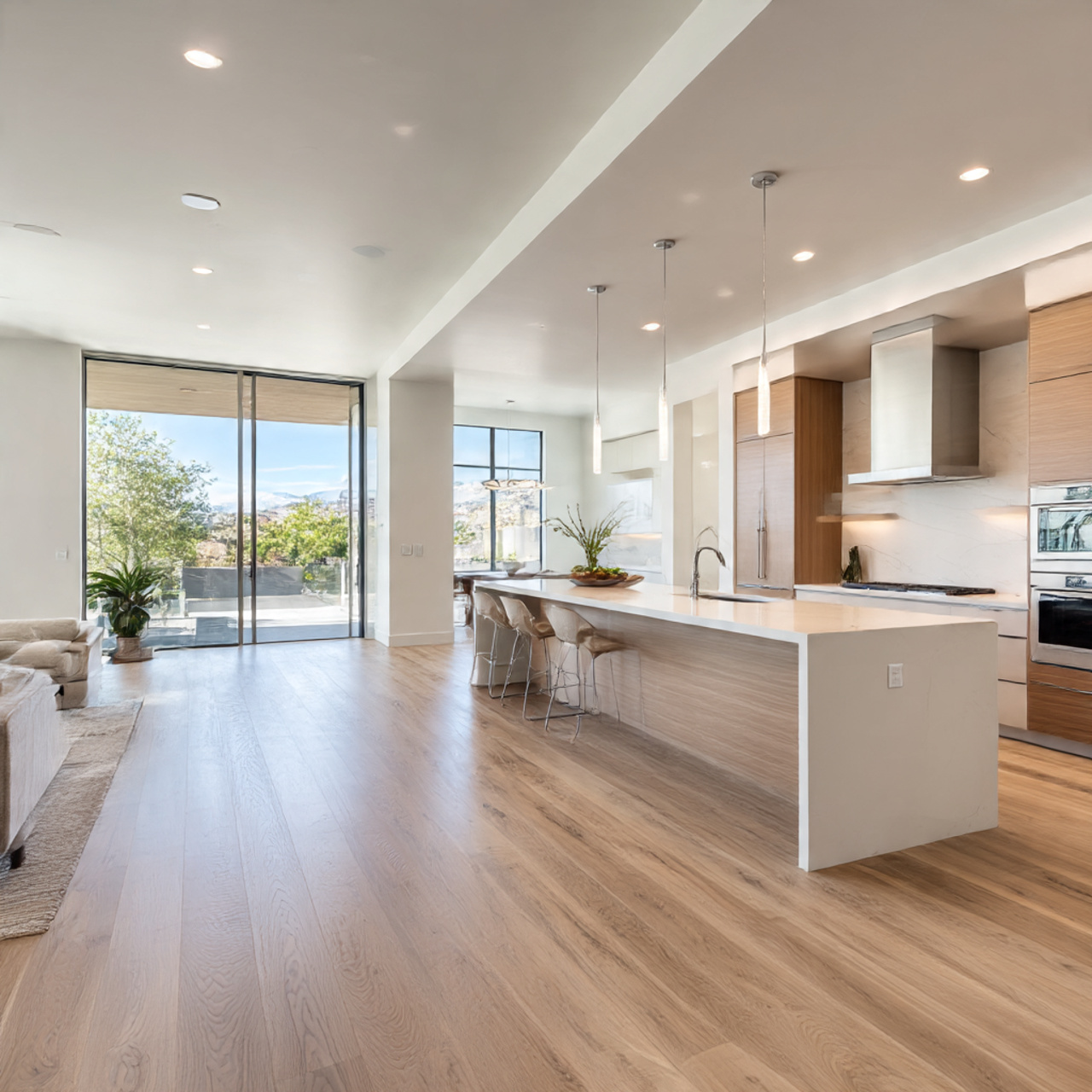 a bright open concept kitchen showcasing seamless flooring
