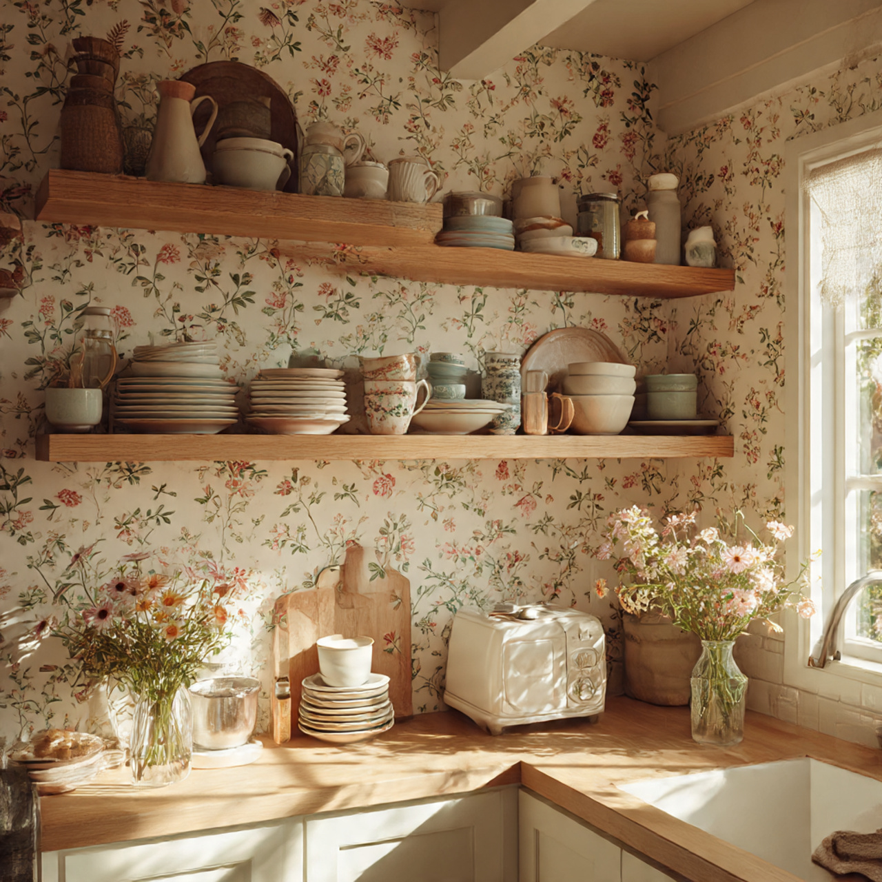 a charming cottage core kitchen featuring a