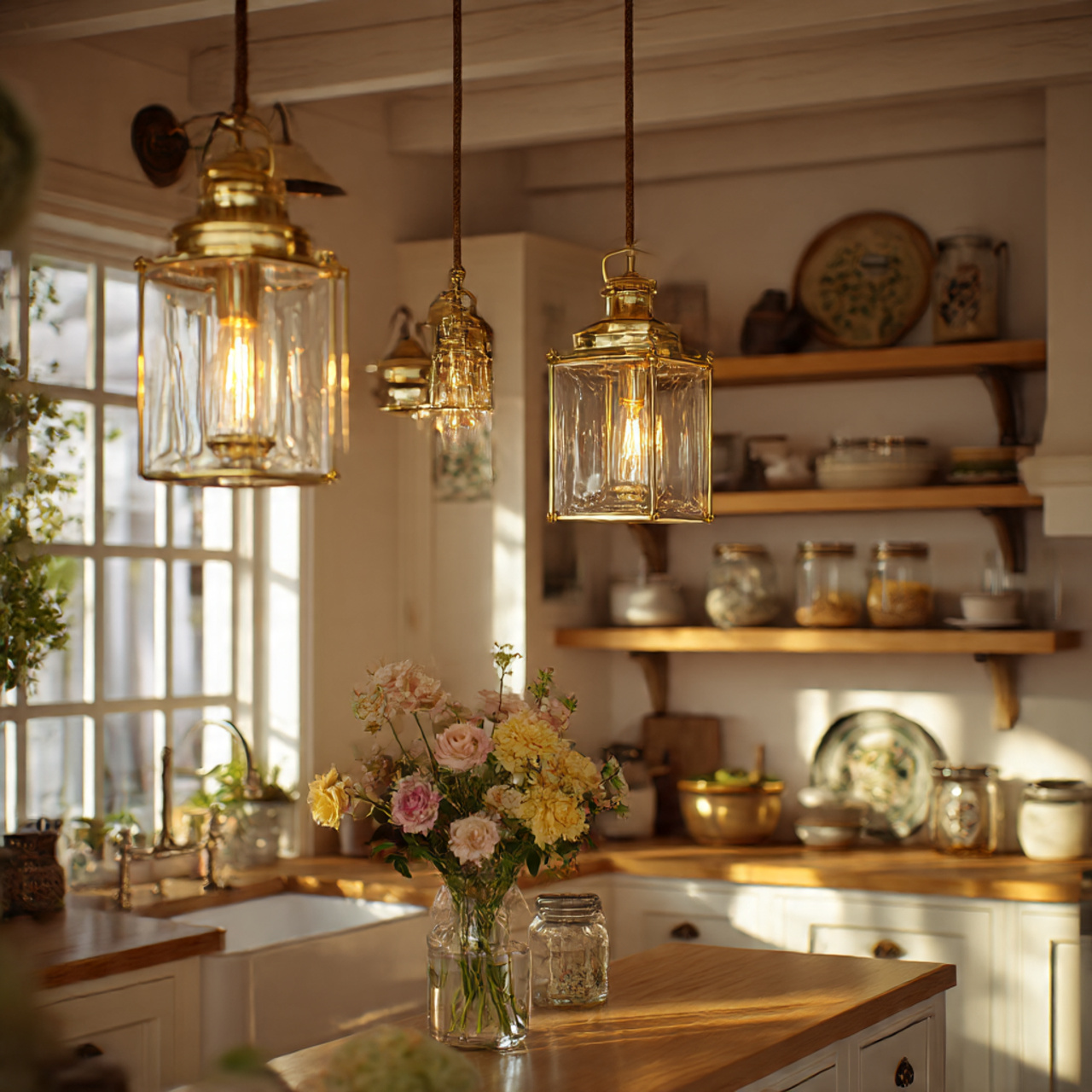 a charming cottage core kitchen illuminated by