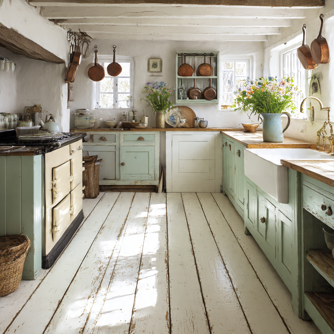 Best Farmhouse Kitchen Flooring Ideas 2025 7 a charming cottage farmhouse kitchen with painted wood