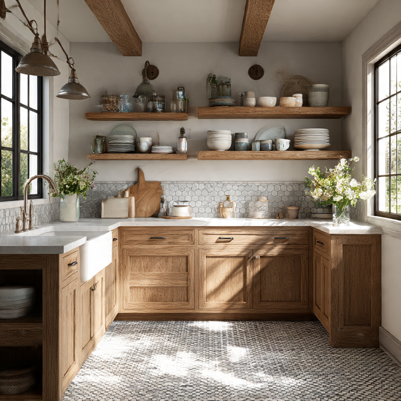 Best Farmhouse Kitchen Flooring Ideas 2025 22 a charming farmhouse kitchen with penny tile