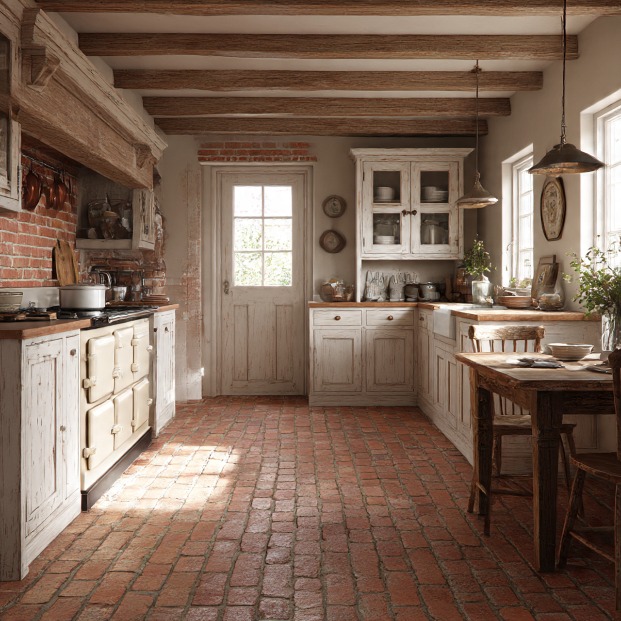 Best Farmhouse Kitchen Flooring Ideas 2025 18 a charming rustic farmhouse kitchen with brick