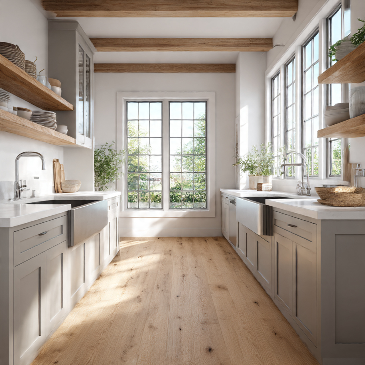 Best Farmhouse Kitchen Flooring Ideas 2025 17 a clean farmhouse kitchen showcasing laminate wood