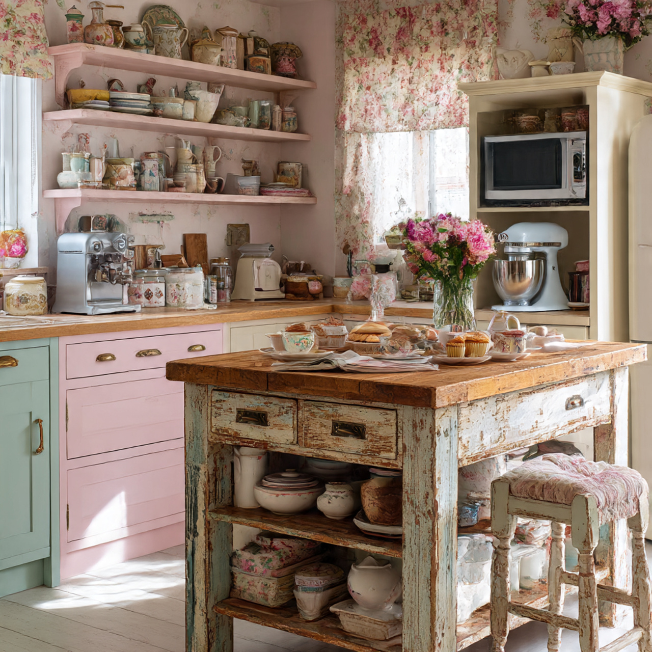 a cottage core kitchen featuring a repurposed