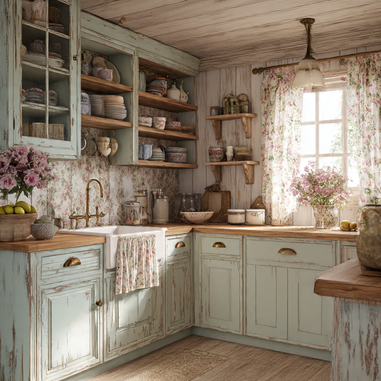 a cottage core kitchen showcasing distressed paint