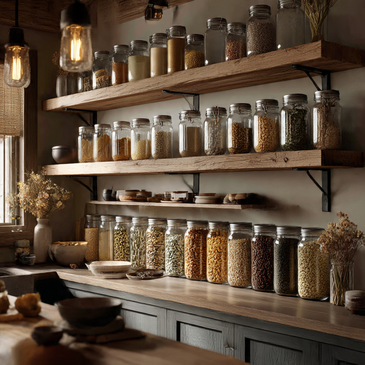 a cottage core kitchen showcasing neat rows