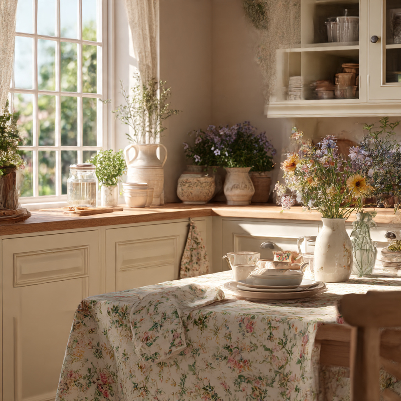 a cottage core kitchen styled with floral 1