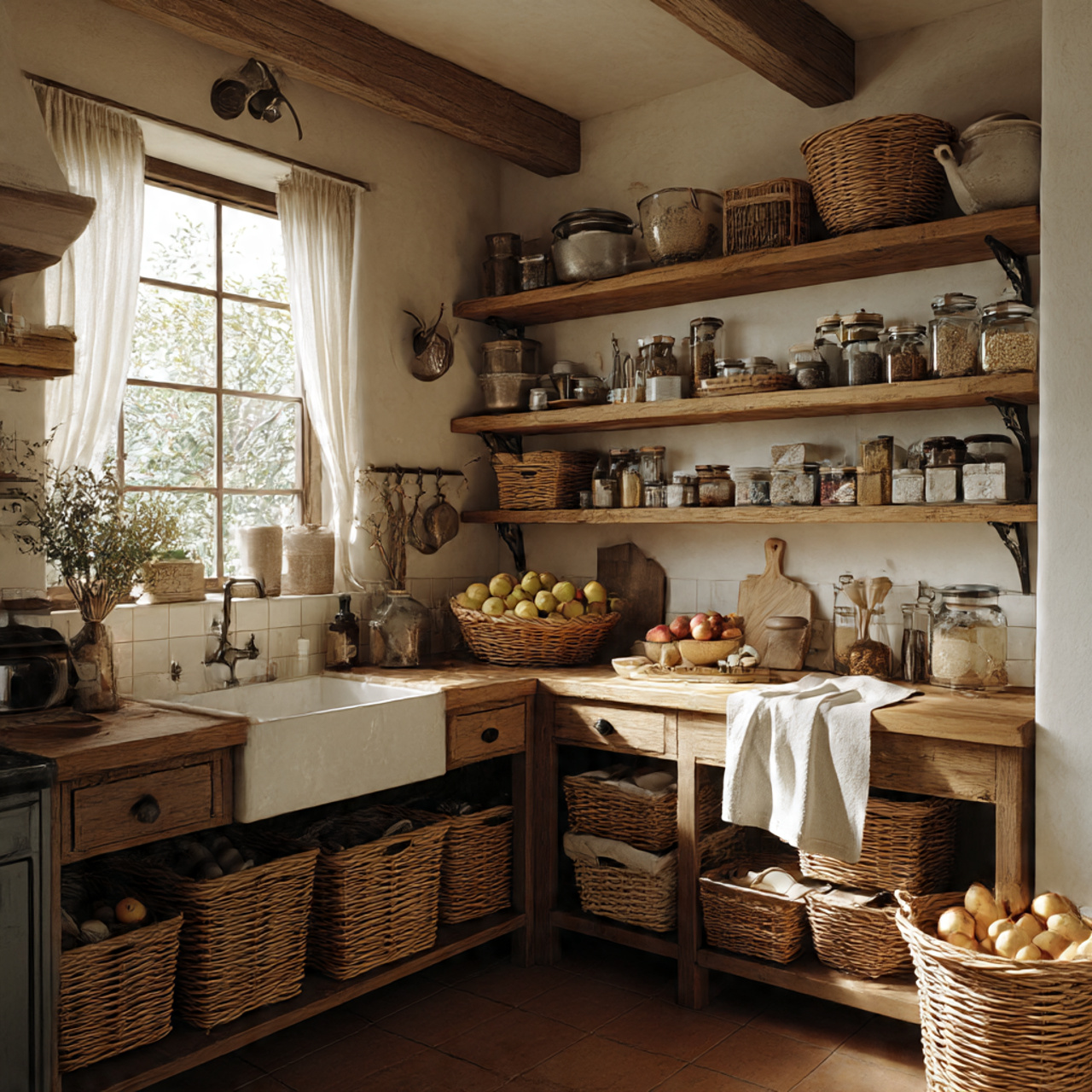 a cozy cottage core kitchen with woven