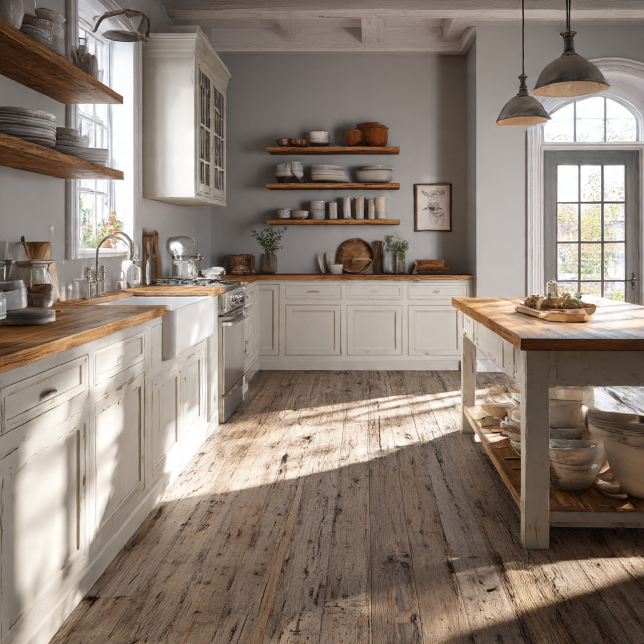 Best Farmhouse Kitchen Flooring Ideas 2025 2 a cozy farmhouse kitchen showcasing distressed hardwood