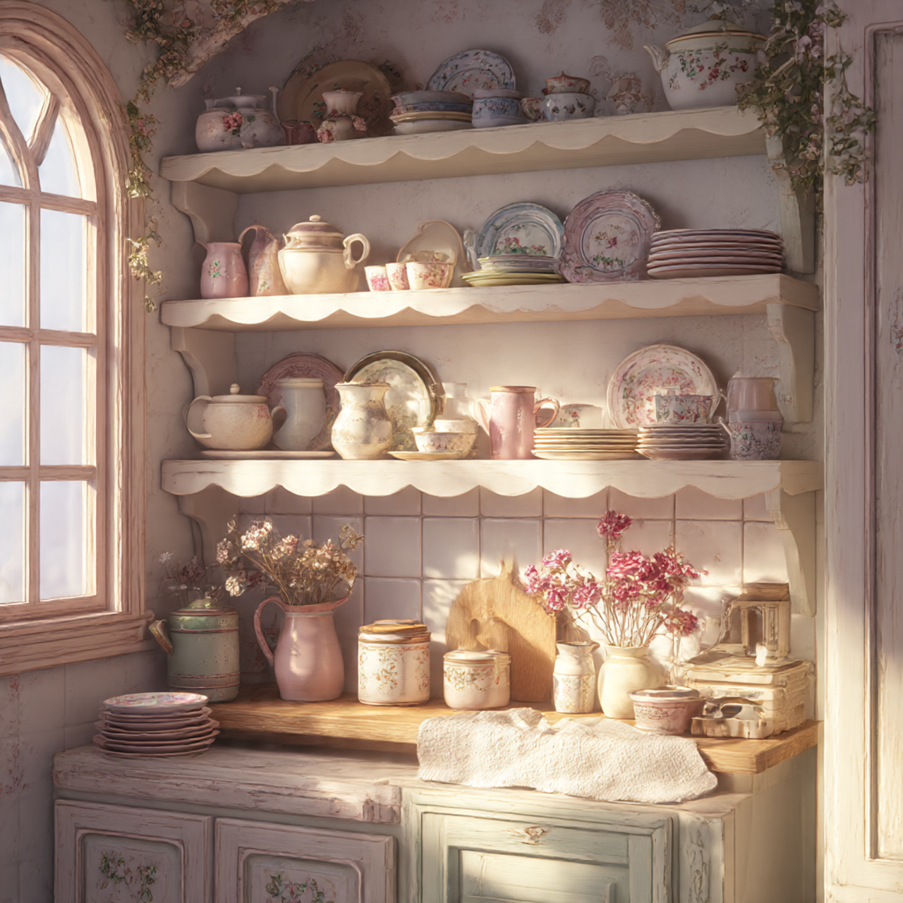 a delicate cottage core kitchen showcasing scalloped