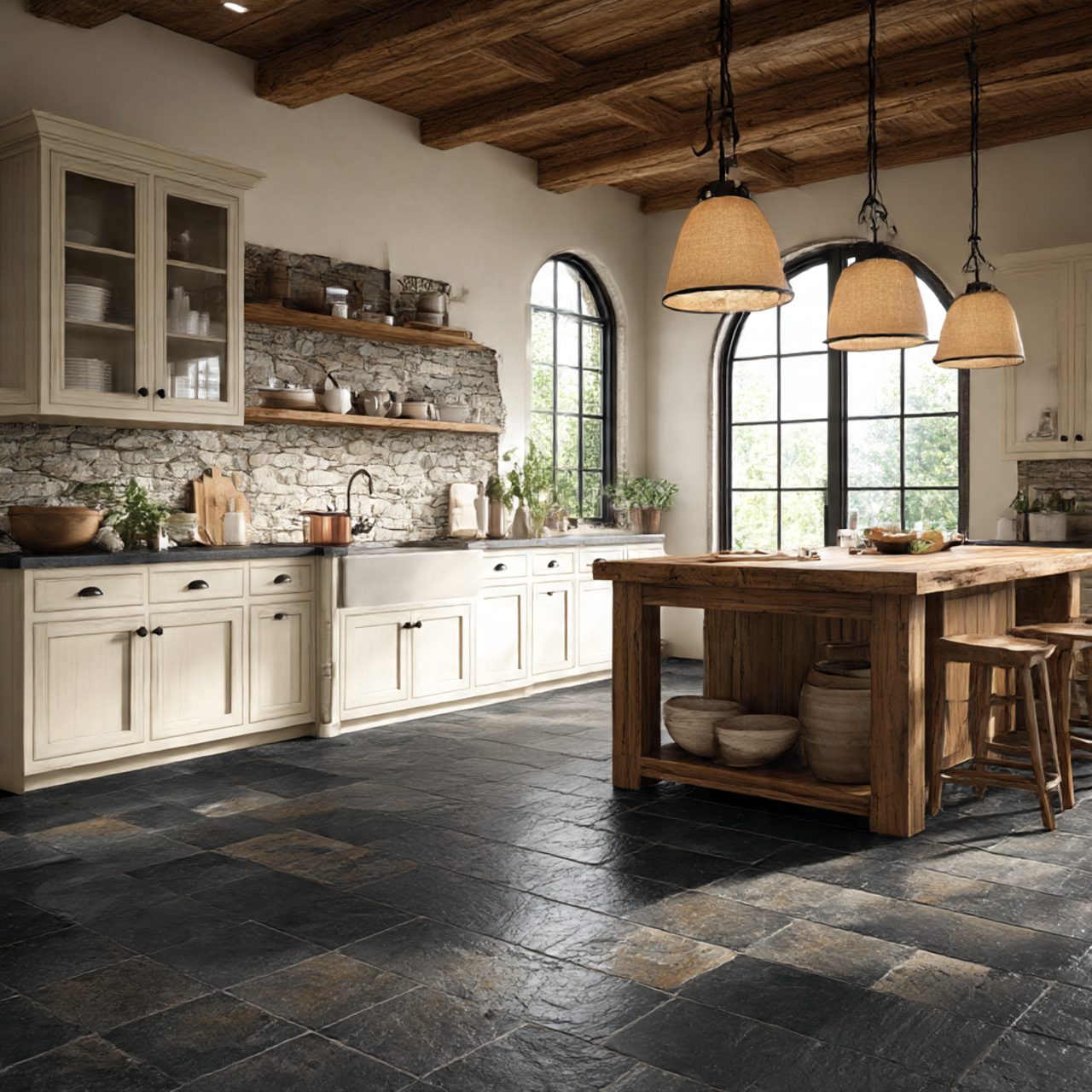 Best Farmhouse Kitchen Flooring Ideas 2025 9 a dramatic farmhouse kitchen with dark charcoal