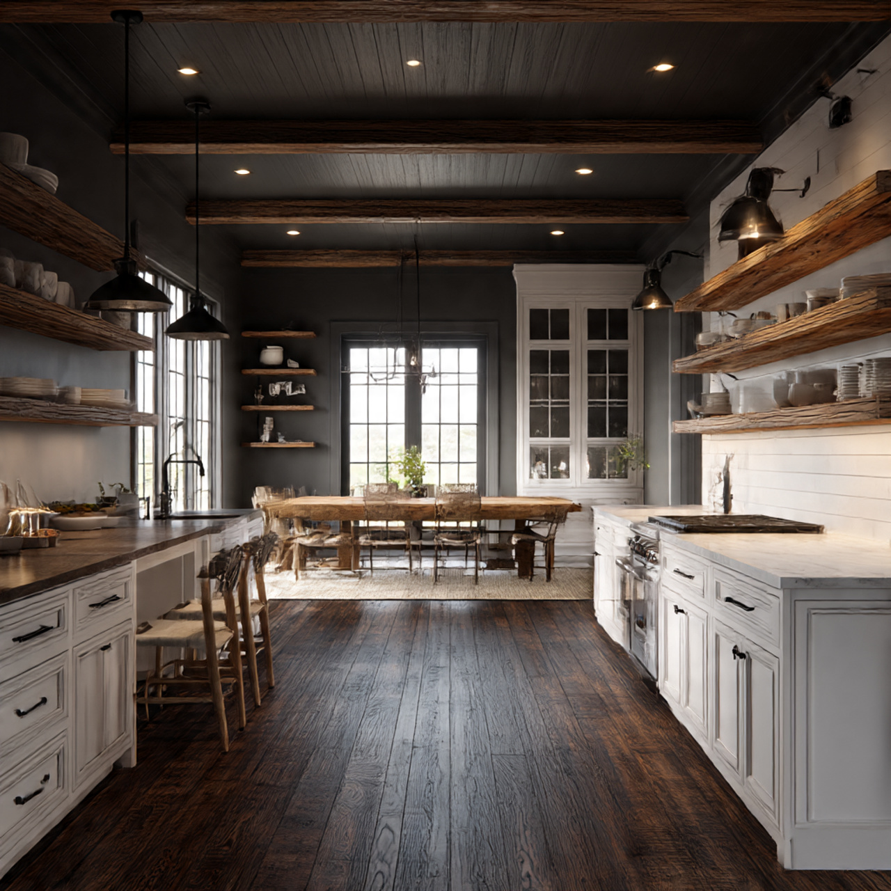 Best Farmhouse Kitchen Flooring Ideas 2025 5 a dramatic farmhouse kitchen with dark toned hardwood