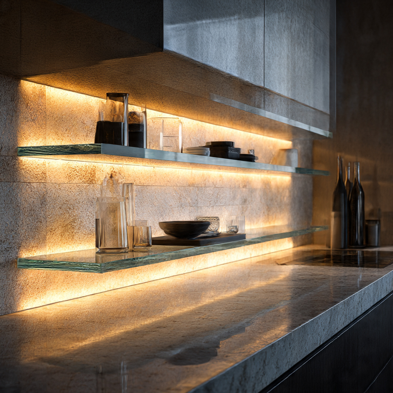a dramatic softly illuminated kitchen scene highlighting