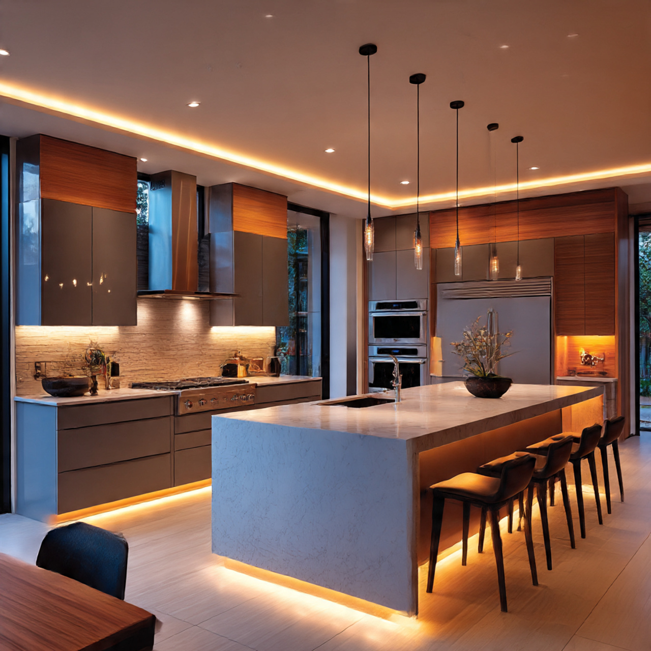a futuristic yet homey kitchen illuminated with