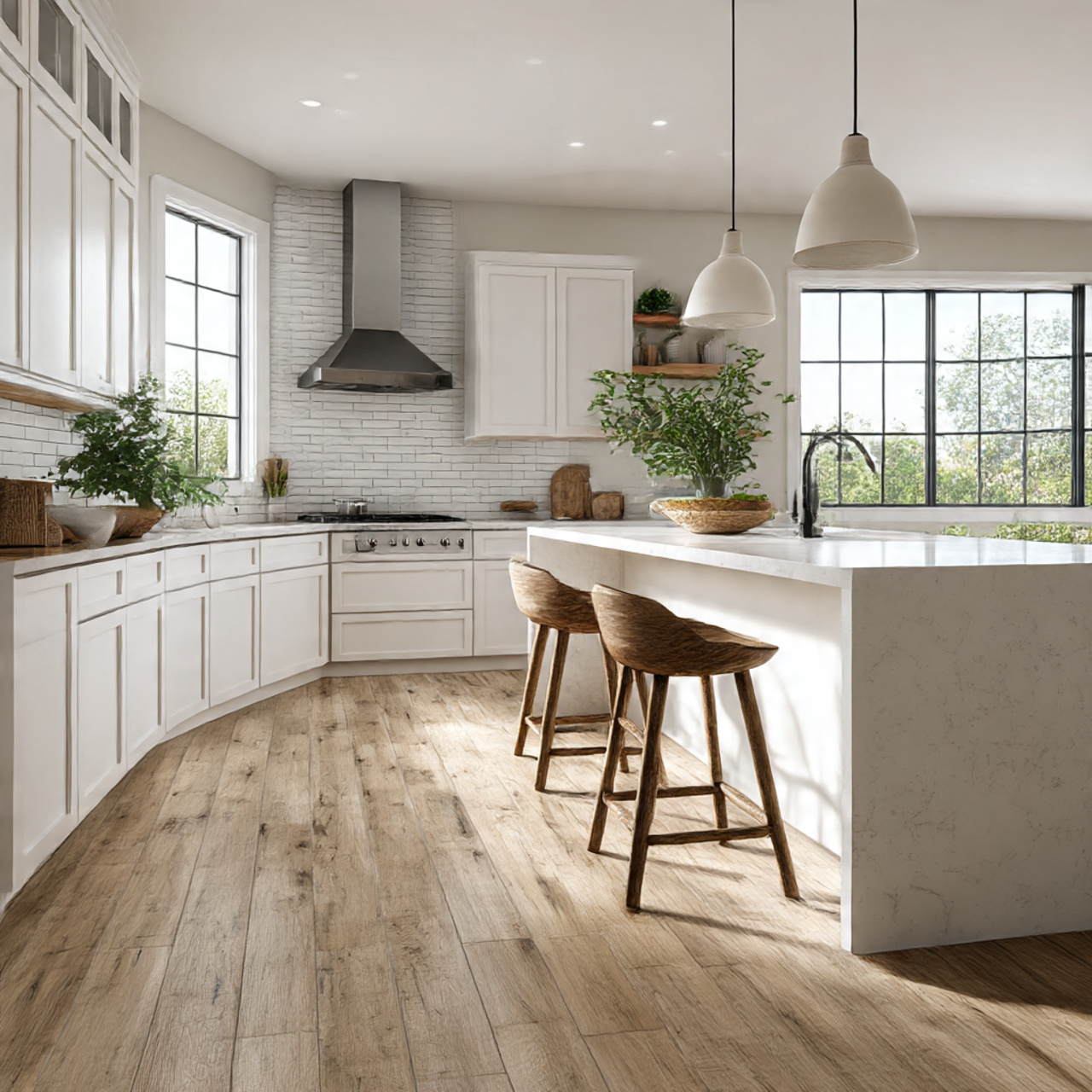 Best Farmhouse Kitchen Flooring Ideas 2025 8 a modern farmhouse kitchen featuring wood look porcelain
