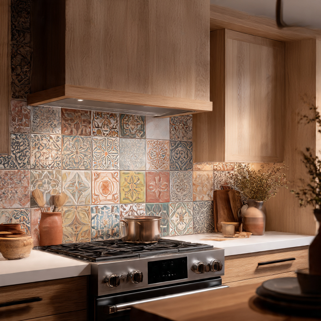 a photorealistic kitchen featuring a handcrafted tile