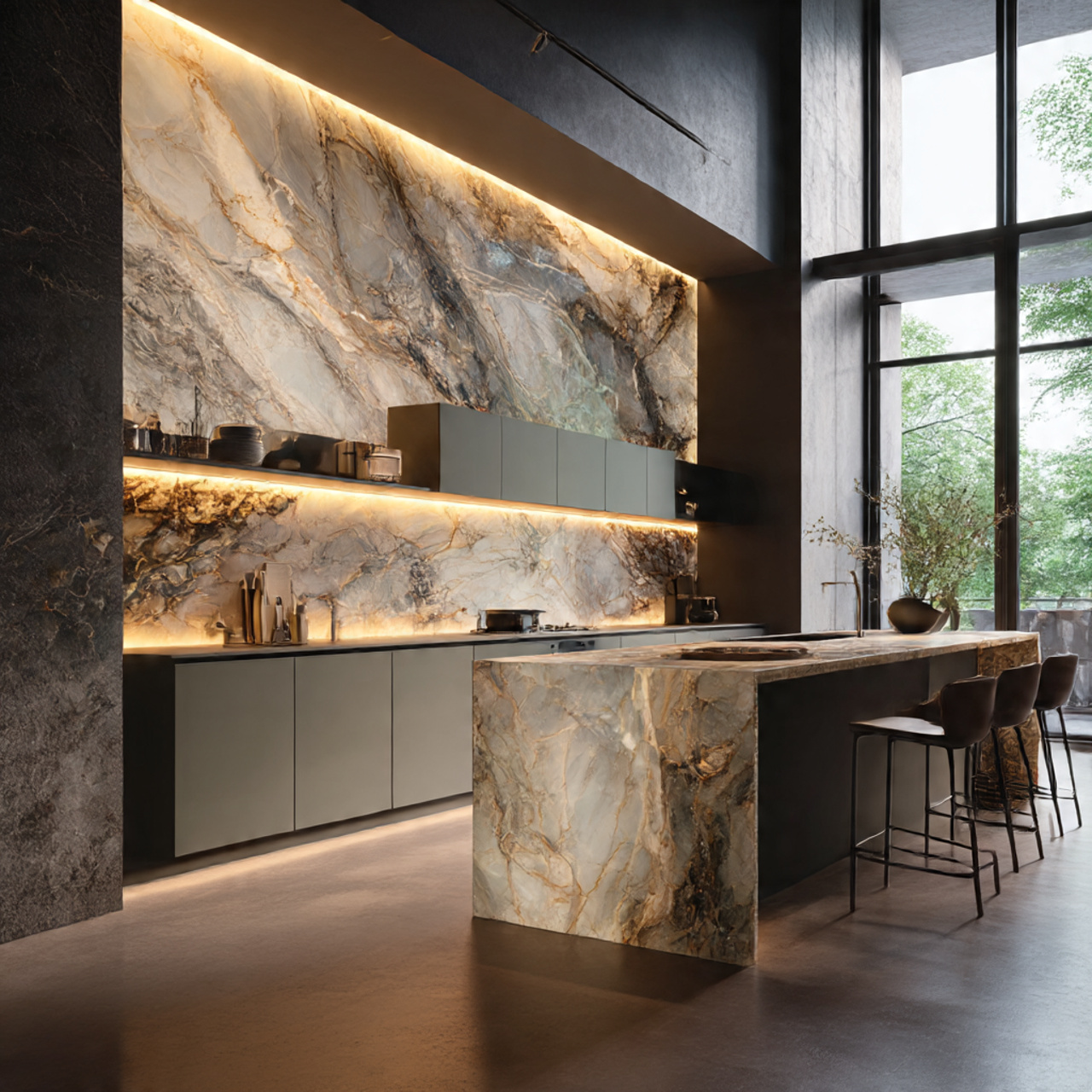a photorealistic kitchen interior featuring a dramatic