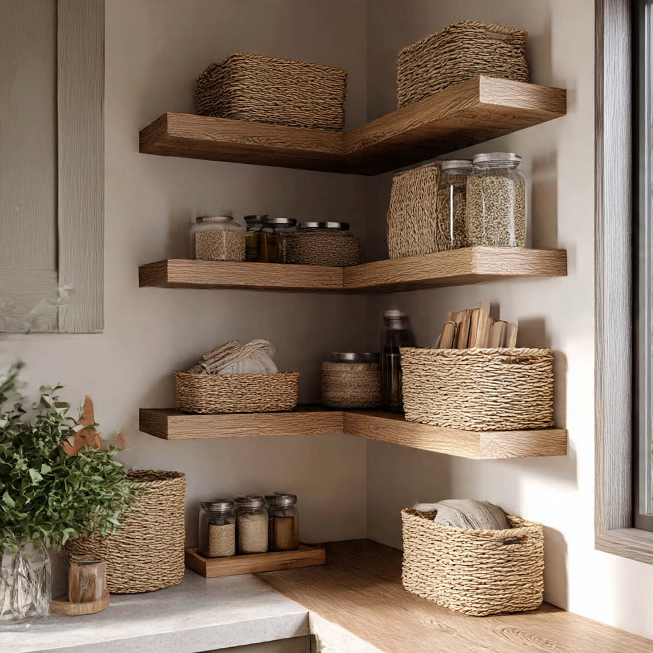 a realistic kitchen corner showcasing woven baskets