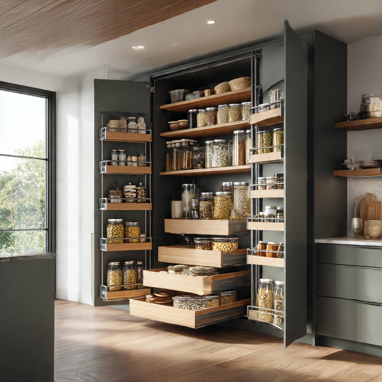 a realistic kitchen showcasing modular storage pull out