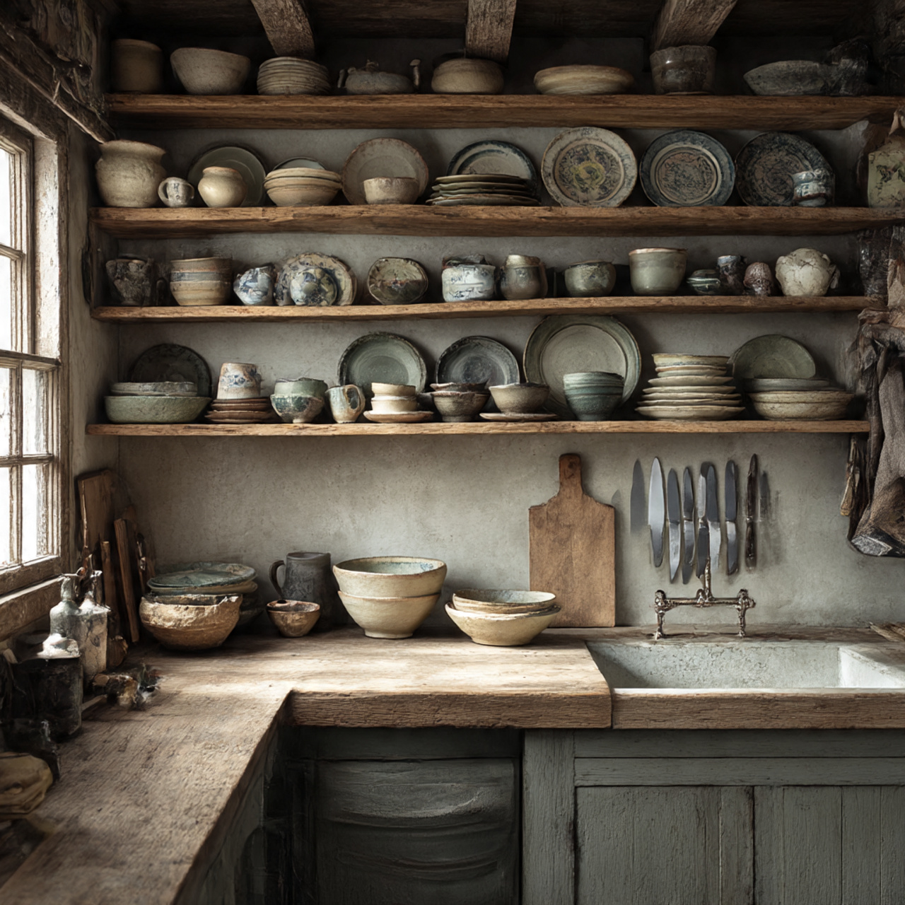a rustic cottage core kitchen interior featuring