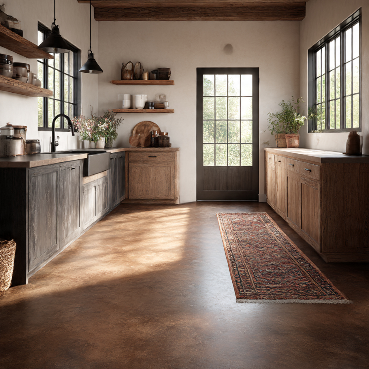 Best Farmhouse Kitchen Flooring Ideas 2025 20 a rustic farmhouse kitchen with stained concrete
