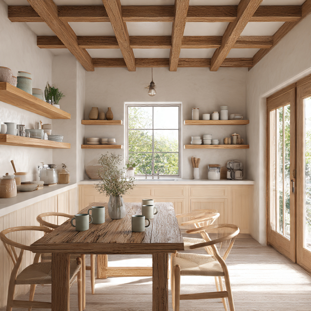 a serene cottage core kitchen showcasing natural