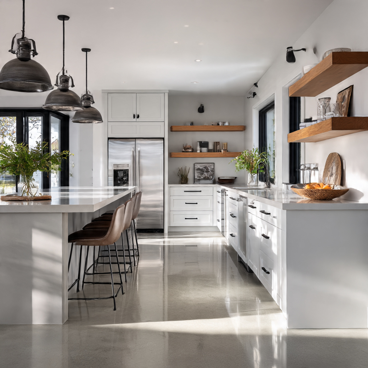 Best Farmhouse Kitchen Flooring Ideas 2025 19 a sleek modern farmhouse kitchen featuring polished