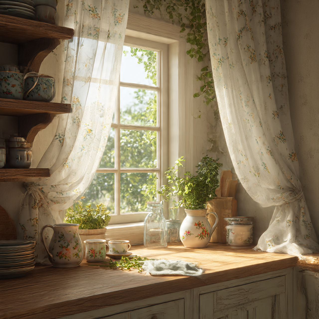 a soft airy cottage core kitchen featuring