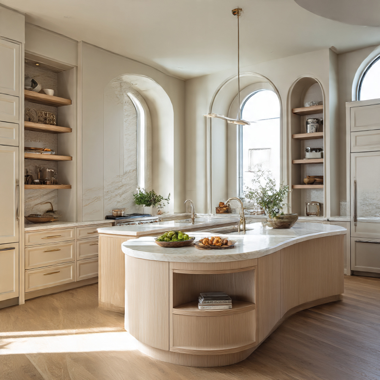 a soft elegant kitchen design with rounded edge