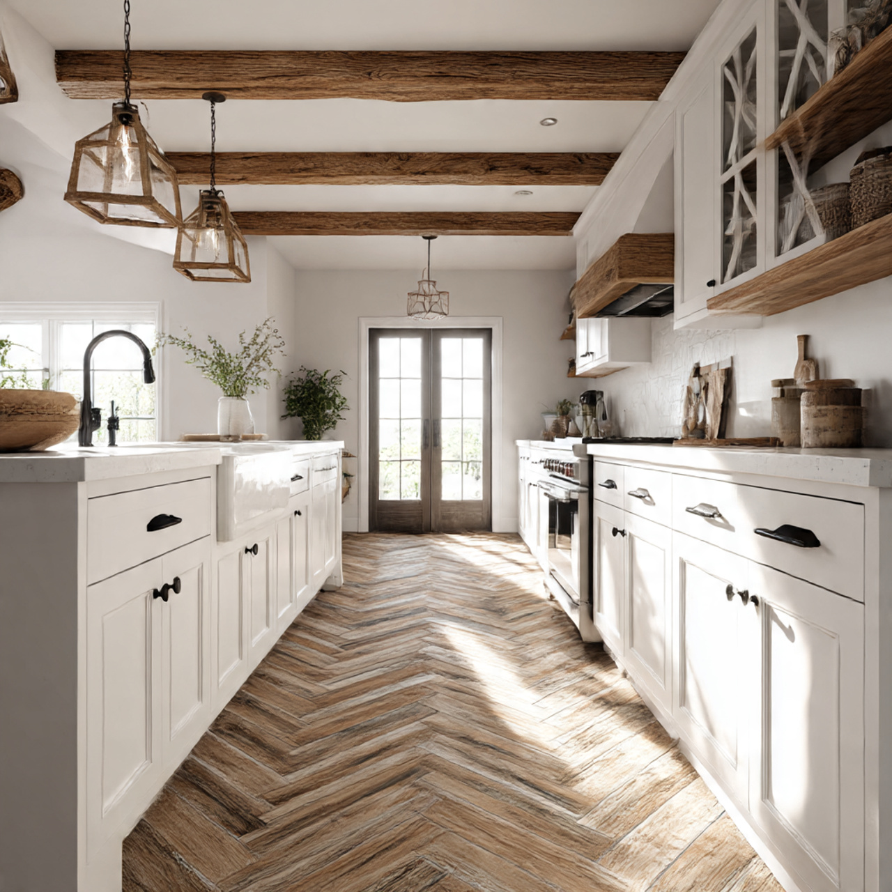 Best Farmhouse Kitchen Flooring Ideas 2025 24 a stylish farmhouse kitchen featuring chevron pattern