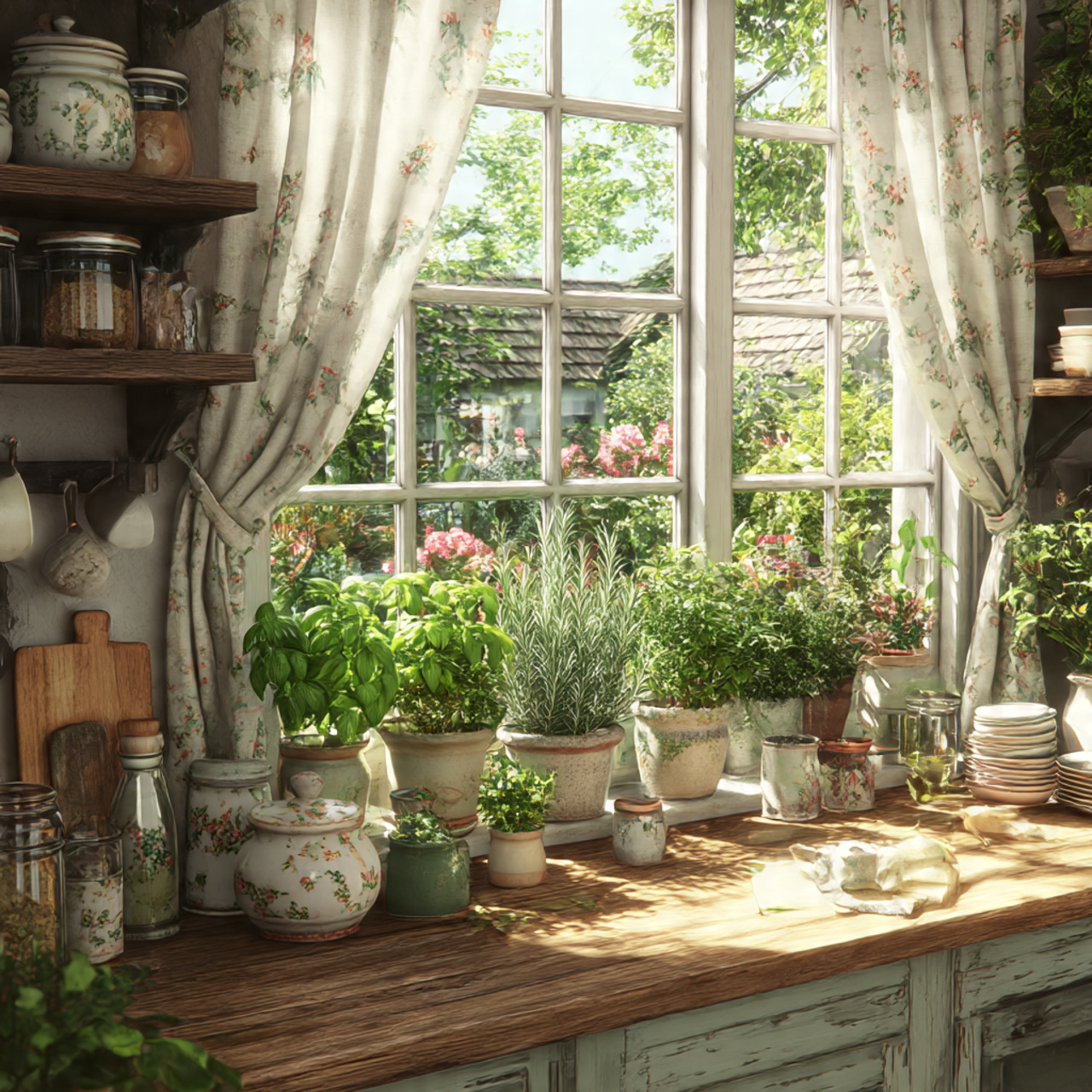a sunlit cottage core kitchen featuring a