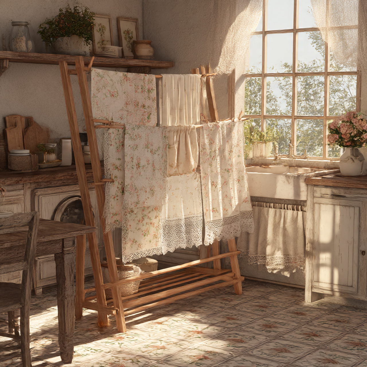 a warm cottage core kitchen with a