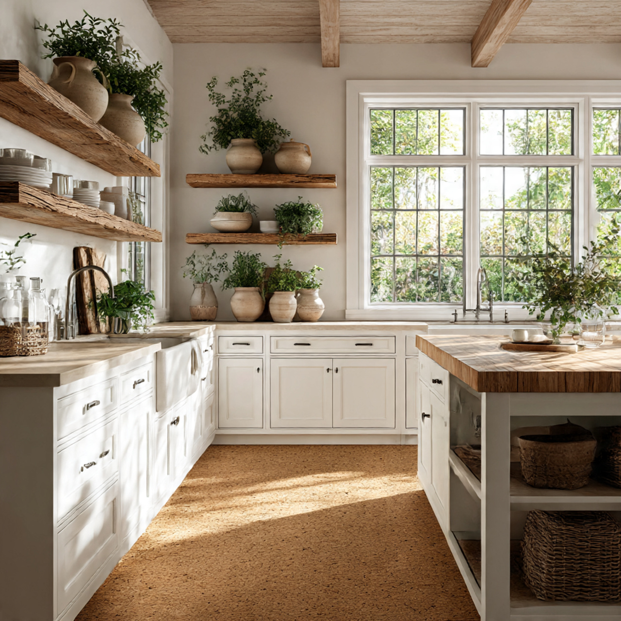 Best Farmhouse Kitchen Flooring Ideas 2025 26 a warm eco friendly farmhouse kitchen featuring cork