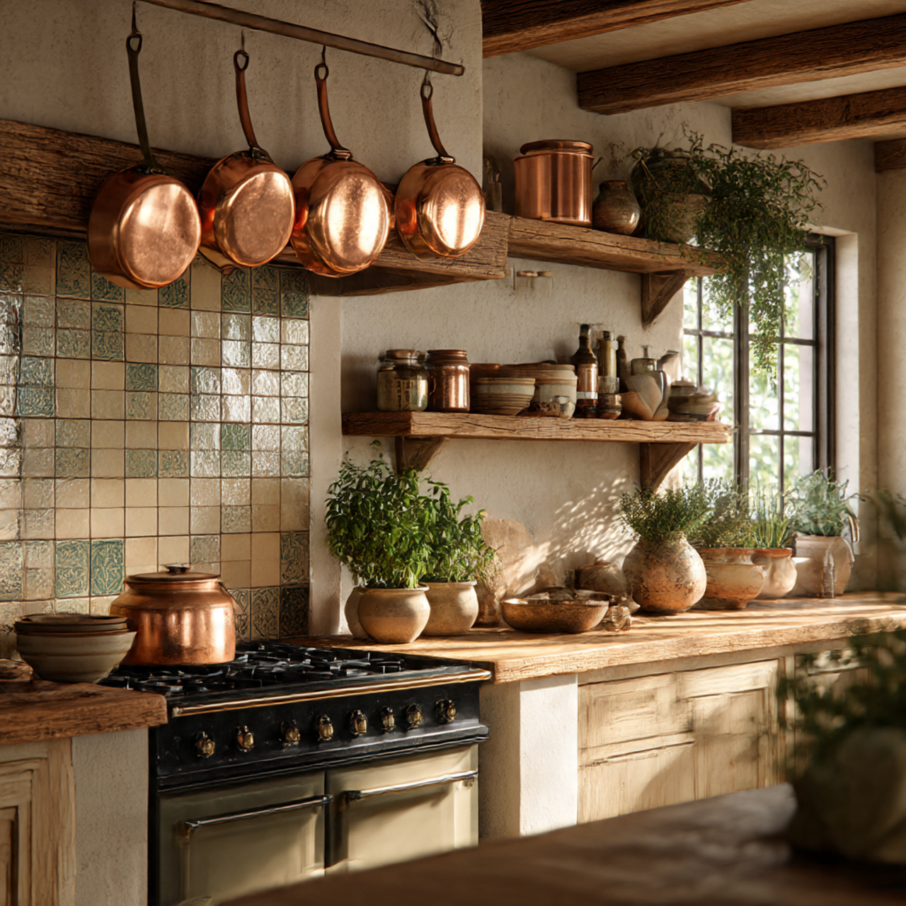 a warm rustic cottage core kitchen with
