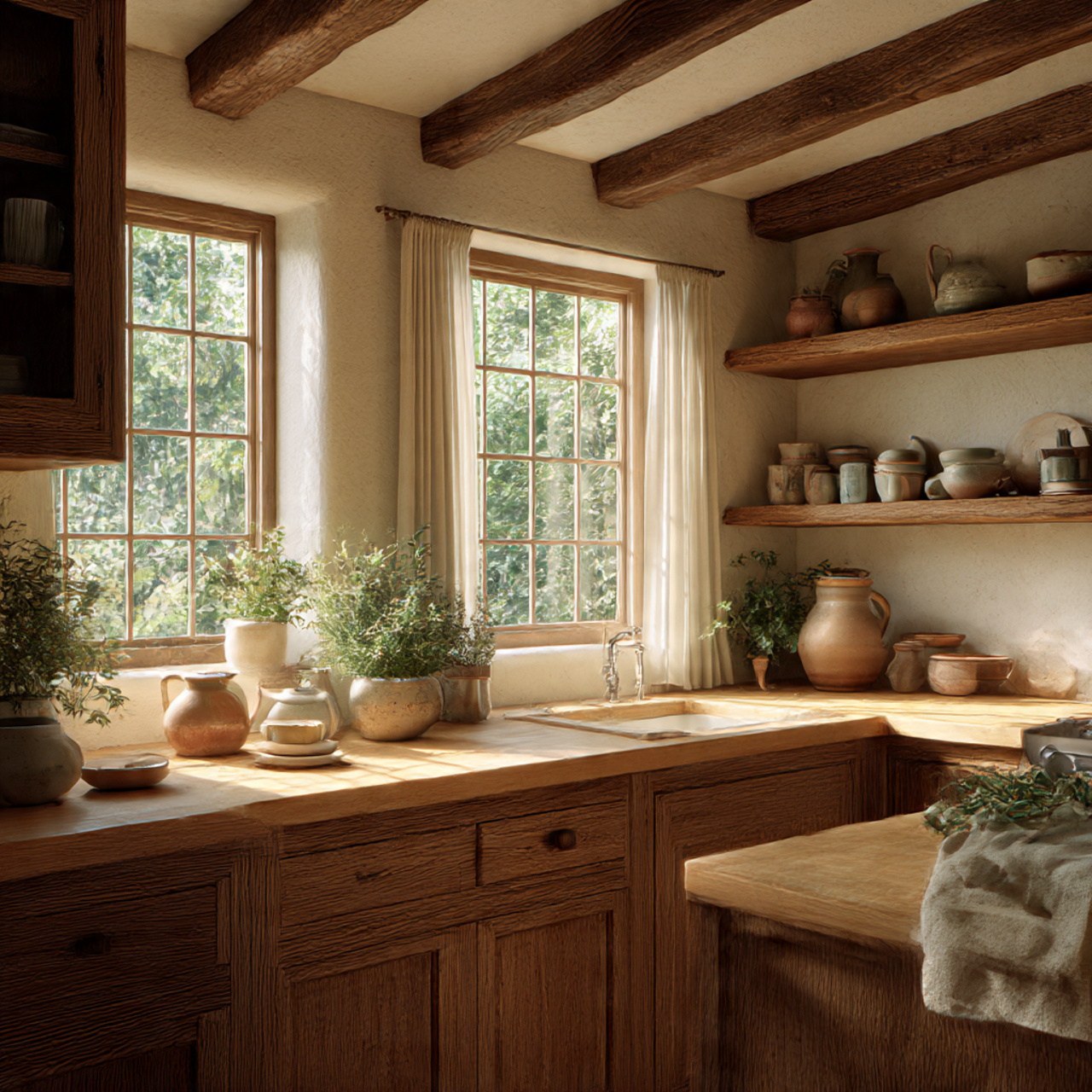 a warm sunlit cottage core kitchen featuring 1