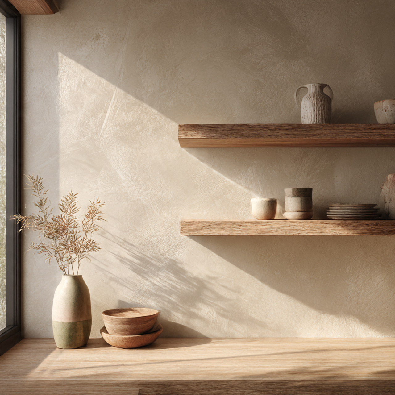 a wide angle interior shot capturing smooth plaster