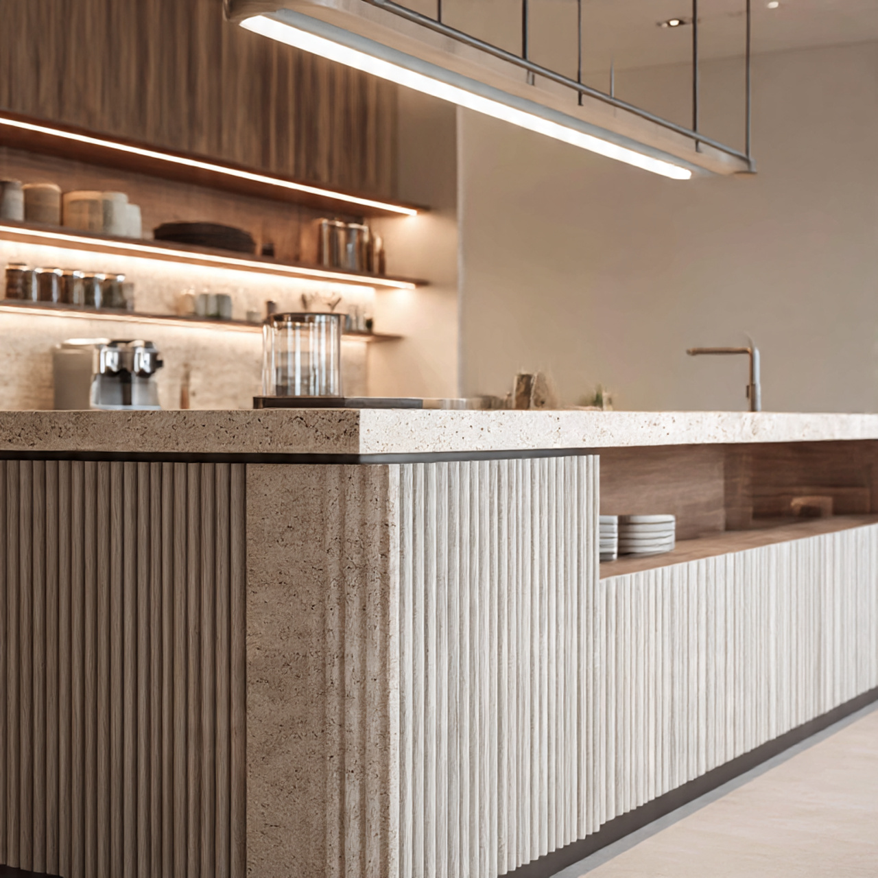 close up perspective of a modern kitchen island