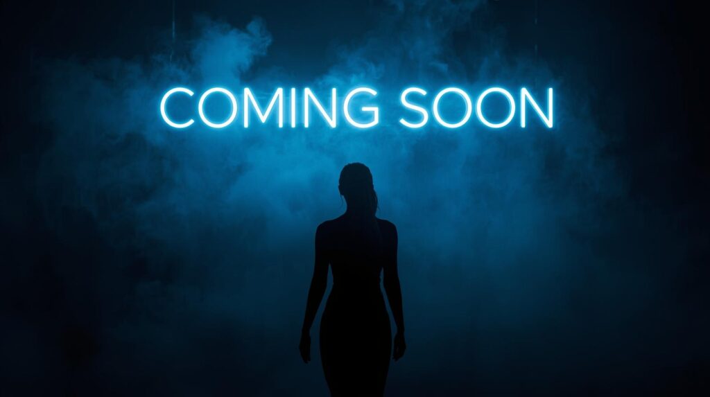 A dark cinematic scene with glowing neon text COMING SOON fog in the background dramatic lighting silhouette of a person standing confidently futuristic atmosphere high contrast ultra realistic 4K