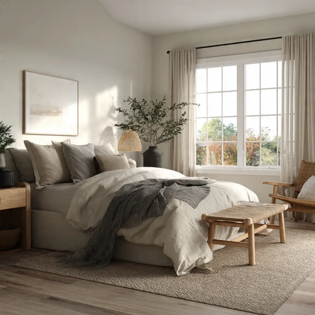 20 Bedroom Ideas for Calm, Comfortable Everyday Homes 12 a calm bedroom featuring a simple chair or bench p