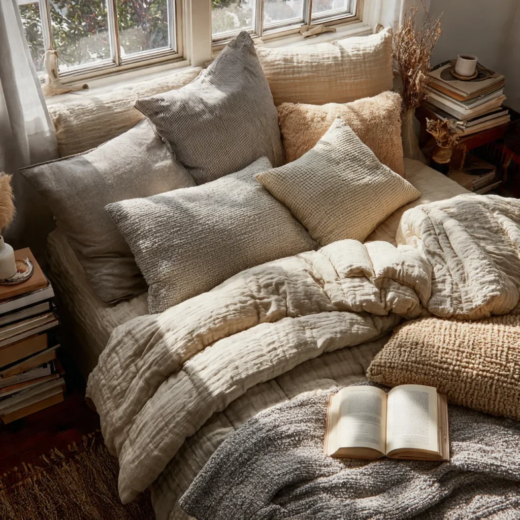 a cozy bedroom scene with layered bedding includin