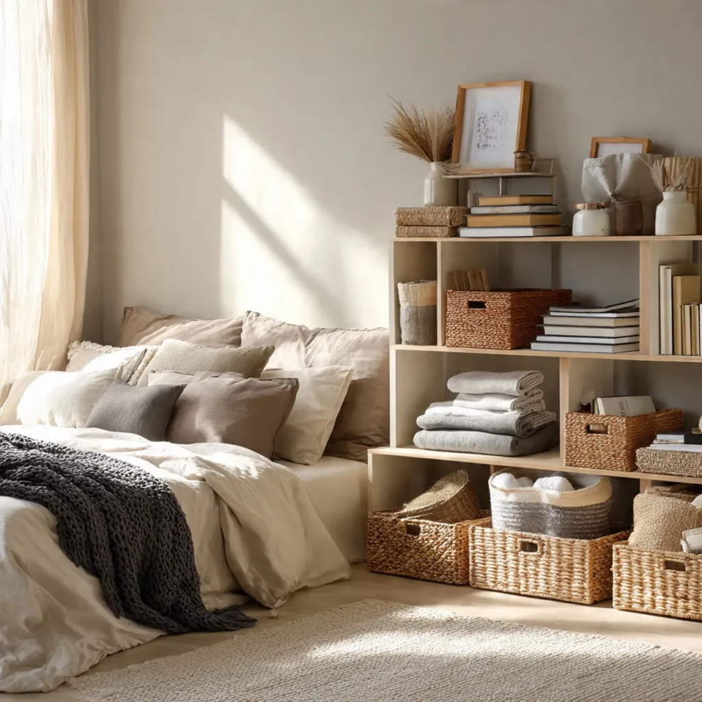 20 Bedroom Ideas for Calm, Comfortable Everyday Homes 4 a practical bedroom setup with open shelving low s