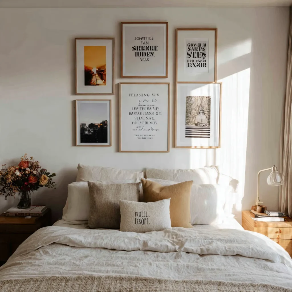 bedroom wall with framed prints and simple persona