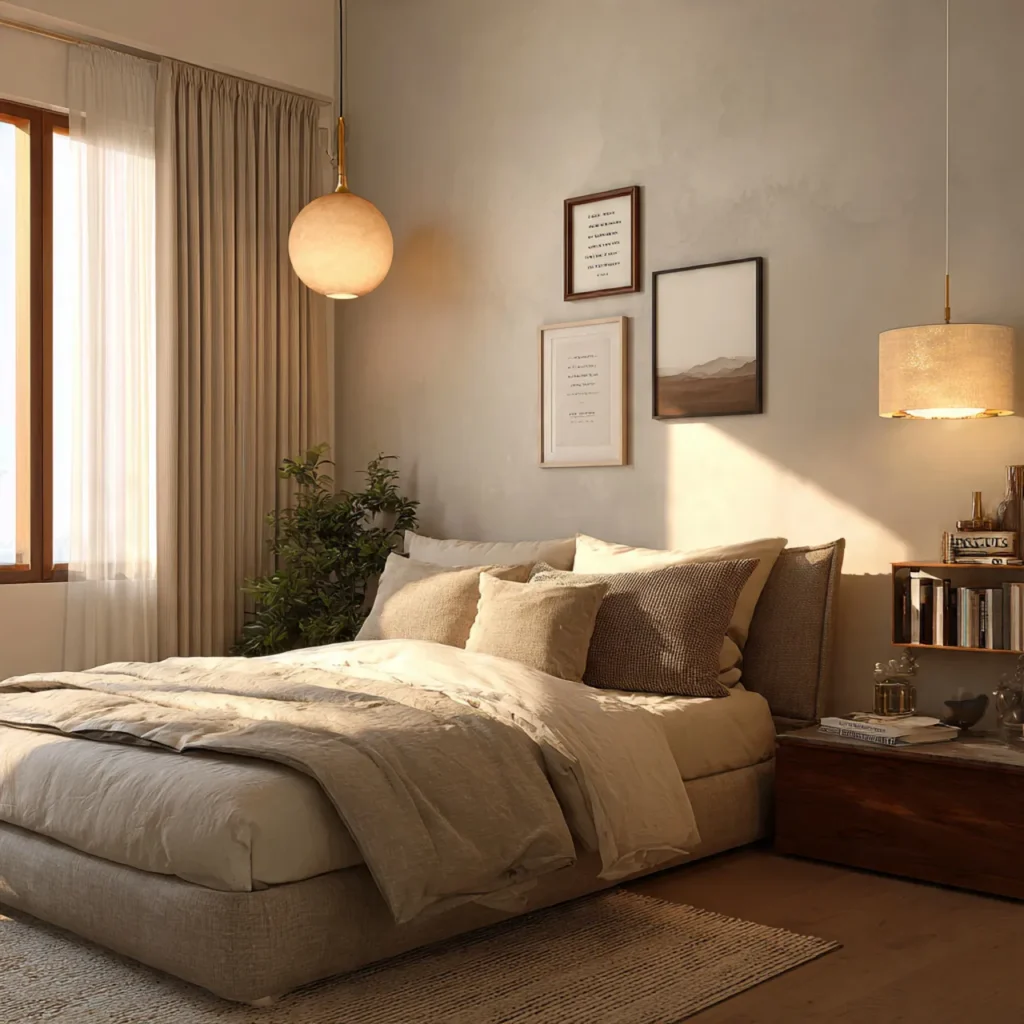 bedroom with layered lighting including a bedside 2